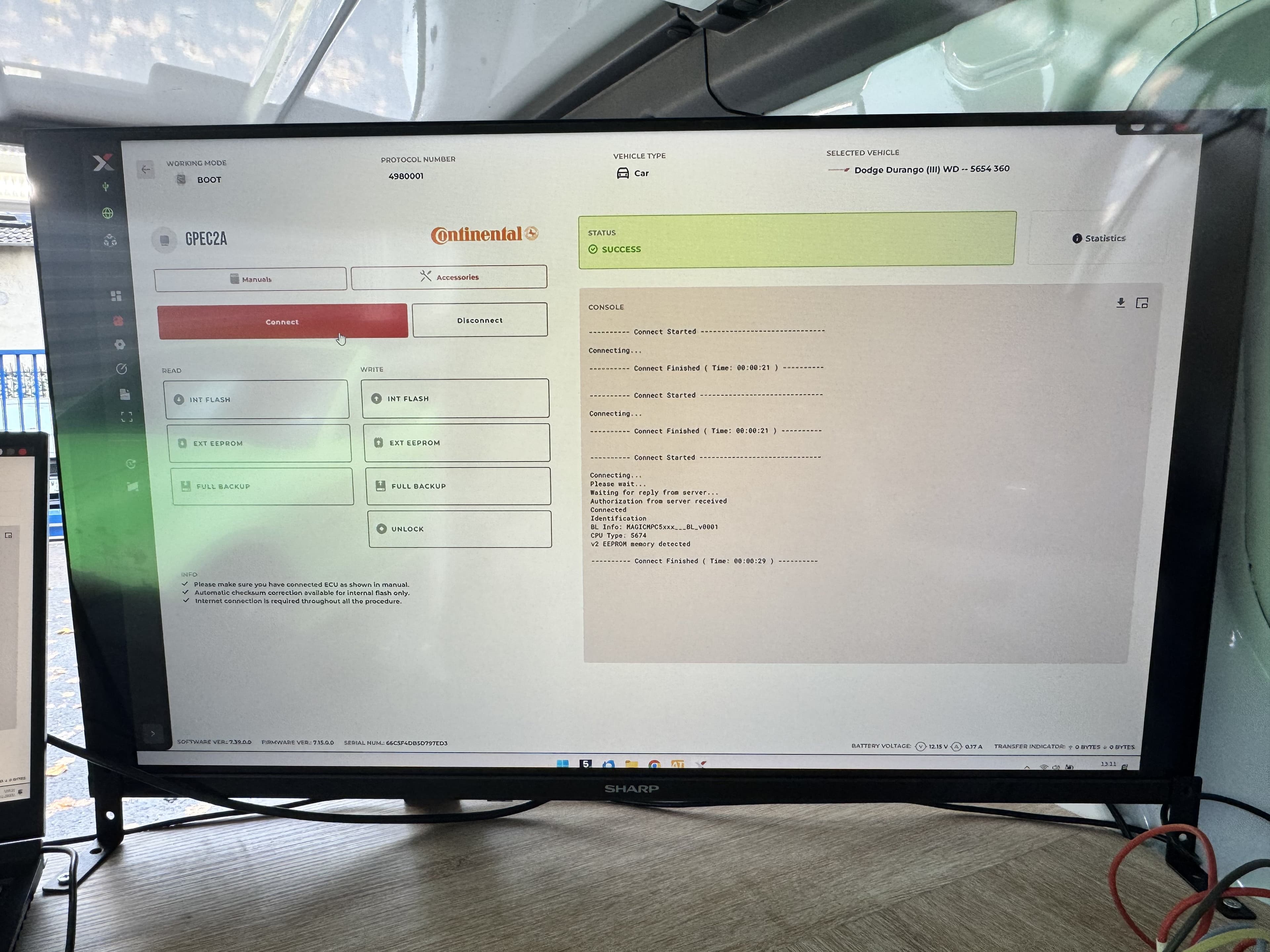Connexion réussie au calculateur - Status SUCCESS
